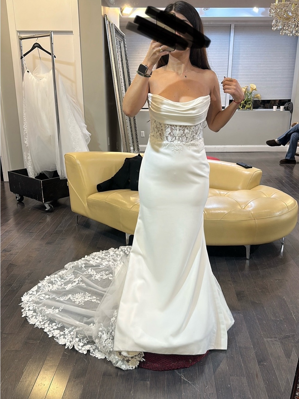 JUSTIN ALEXANDER Ivory Strapless Bridal Gown with Lace Waist and Floral Train